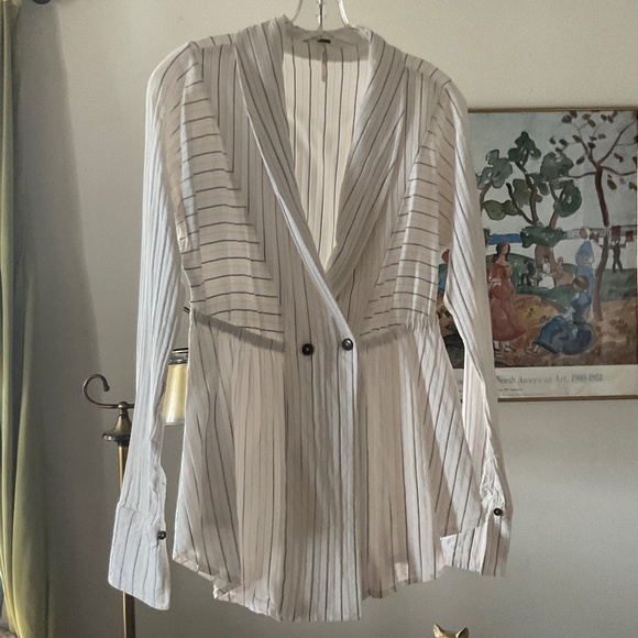 FREE PEOPLE Women's Double Breasted Blazer Jacket Size S white pinstriped - Picture 2 of 11